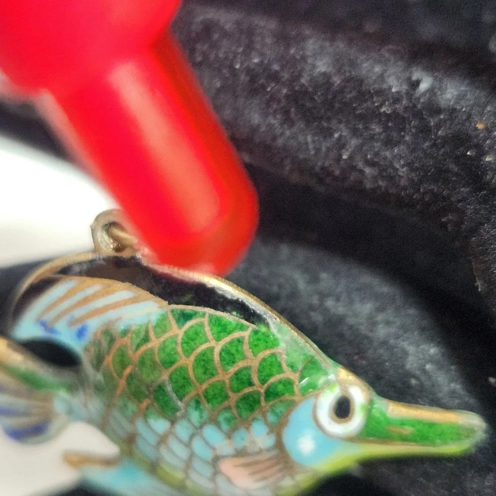 Vintage‎ Cloisonne Enamel Fish Pendant Blue Green Tropical Charm Double Sided